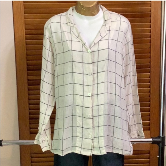 Flax Black &White Windowpane Print Button-Down Top - Picture 1 of 13
